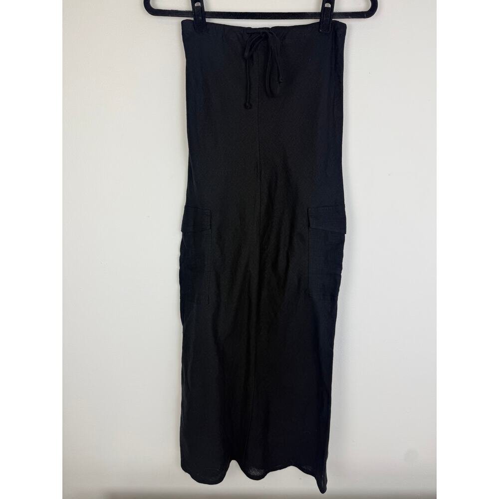 FAITHFULL THE BRAND Womens 100% Linen Drawstring Waist Black Cargo Maxi Skirt XS